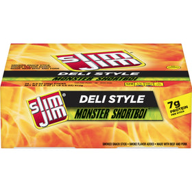 Slim Jim Shortboi Original Deli Stick close-up, portable protein snack for busy days.