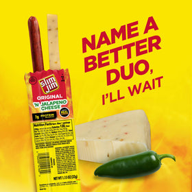 Slim Jim smoked meat stick with jalapeño cheese, perfect spicy portable snack.