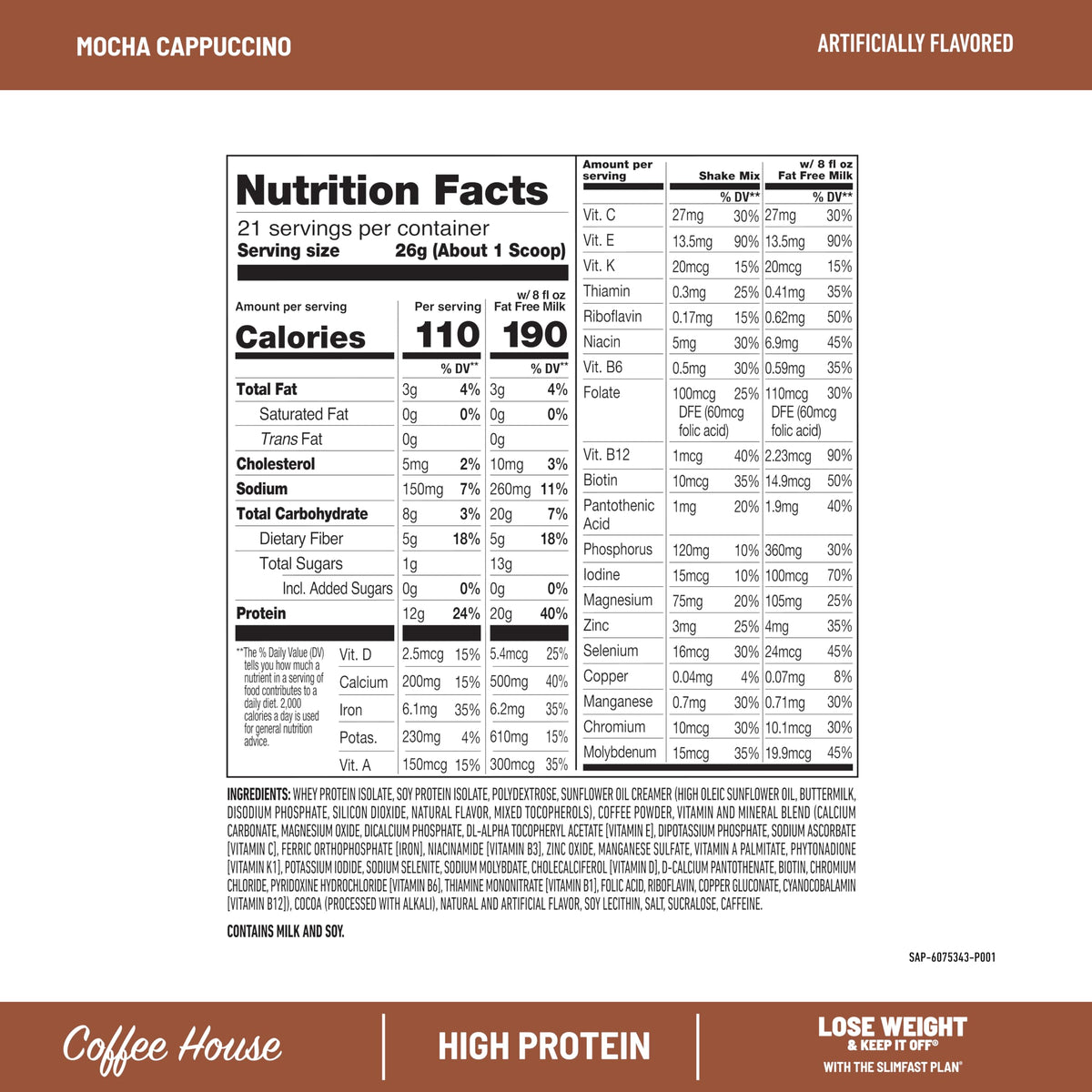 Glass of SlimFast energizing protein mix prepared with milk for quick breakfast