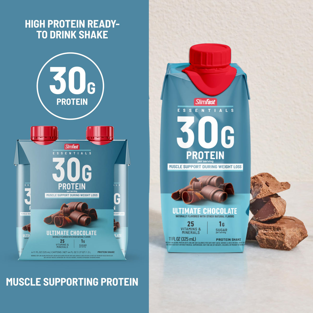 SlimFast Essentials nutrition panel shows protein and vitamins.