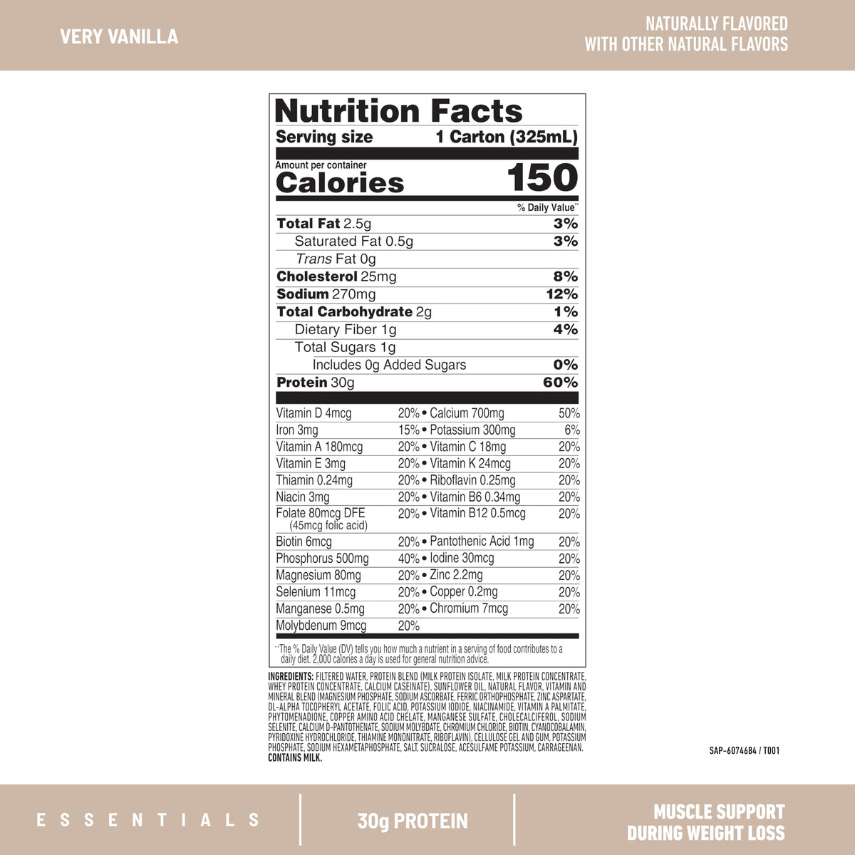 SlimFast Essentials Vanilla Shake bottle emphasizes convenient ready-to-drink muscle support on the go