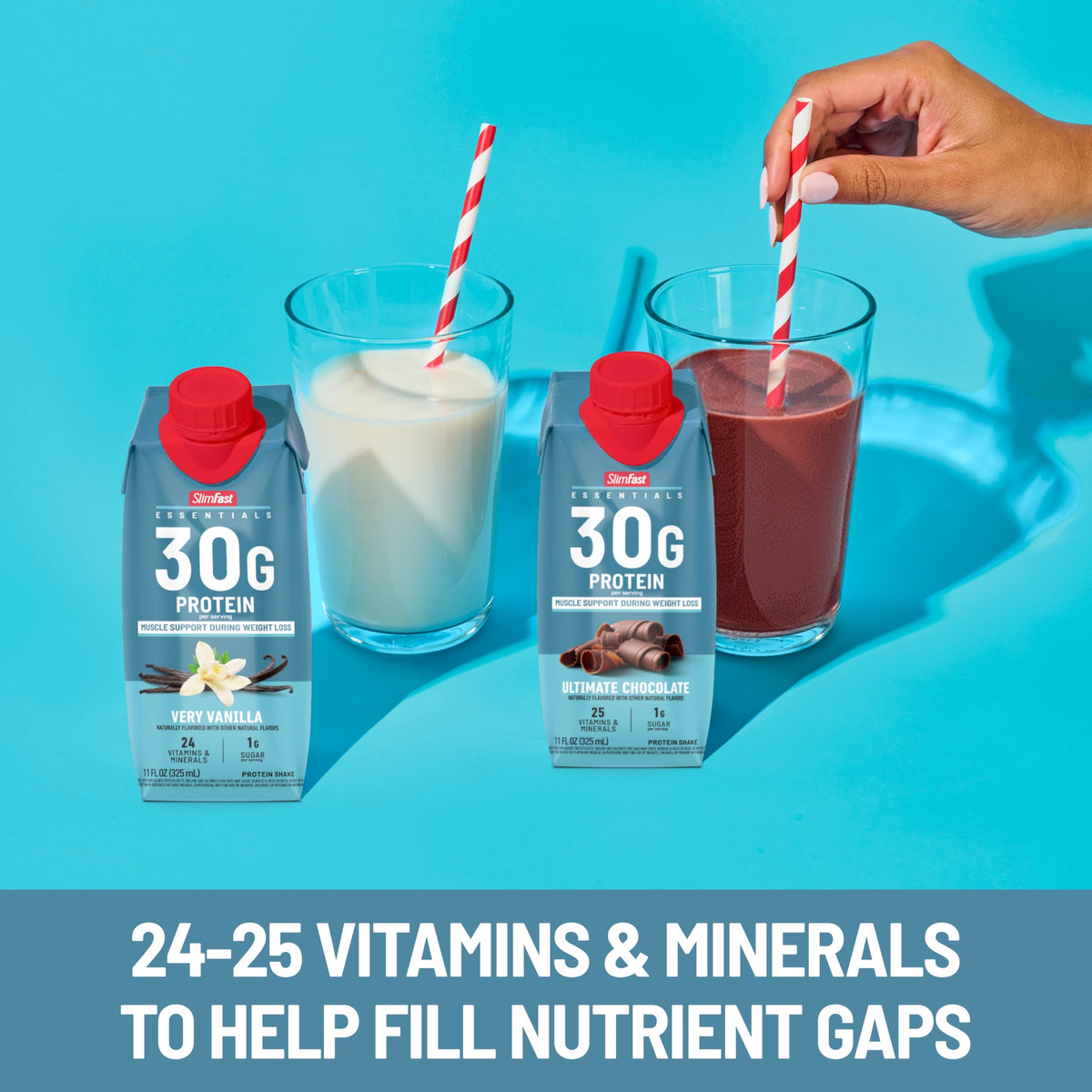 SlimFast Essentials Vanilla Shake counter-top image conveys easy meal planning