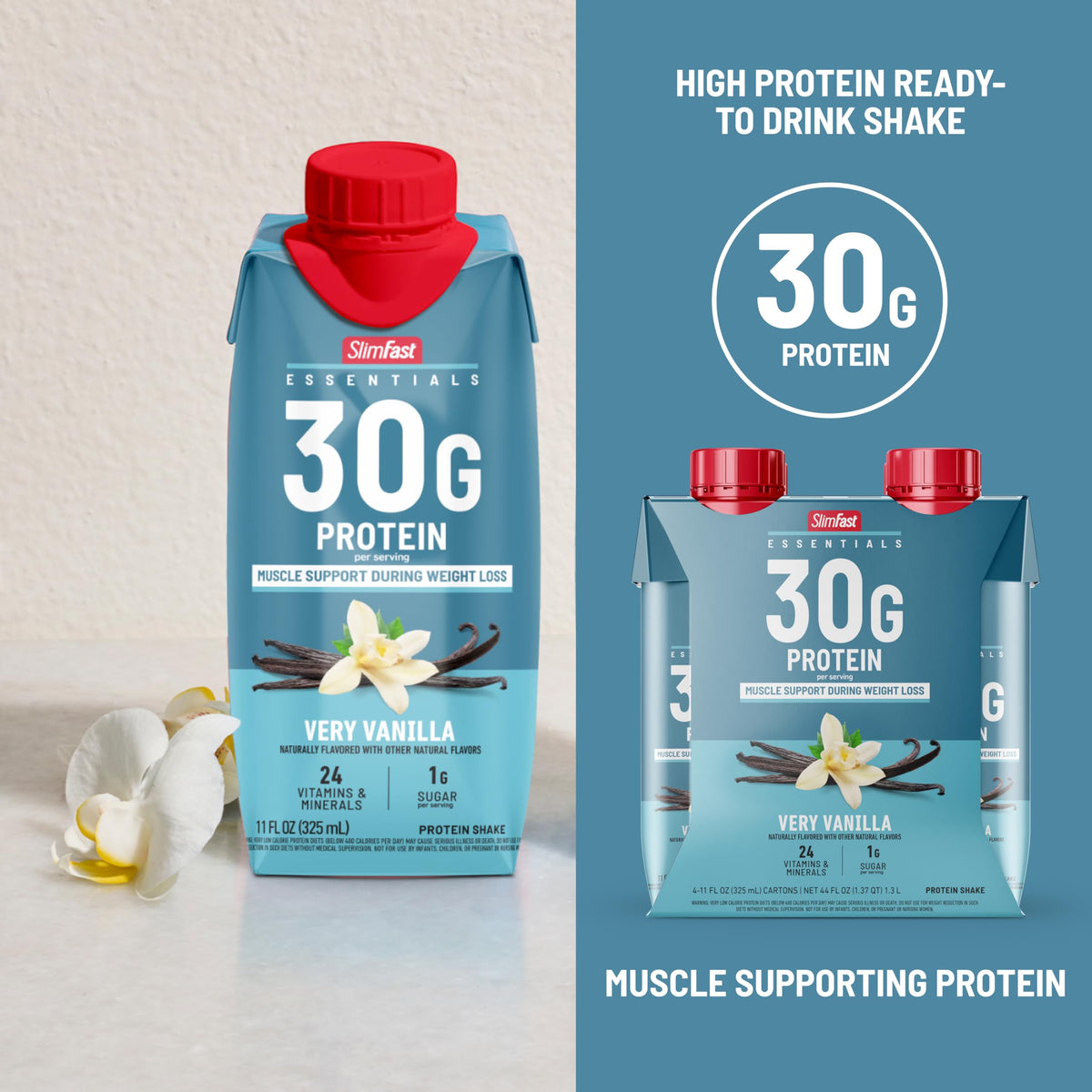 SlimFast Essentials Vanilla Shake packaging highlights 24 vitamins and minerals at a glance