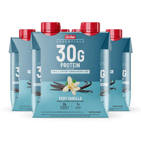 SlimFast Essentials Vanilla Shake pour shows a protein-rich post-workout moment