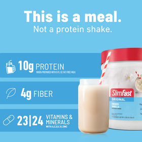 SlimFast gluten-free badge on packaging indicating dietary flexibility.