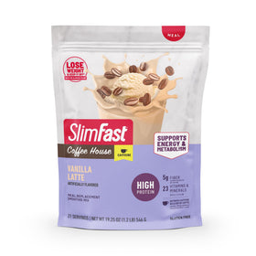 SlimFast high protein coffee house mocha cappuccino tub showing quick protein-packed meal option