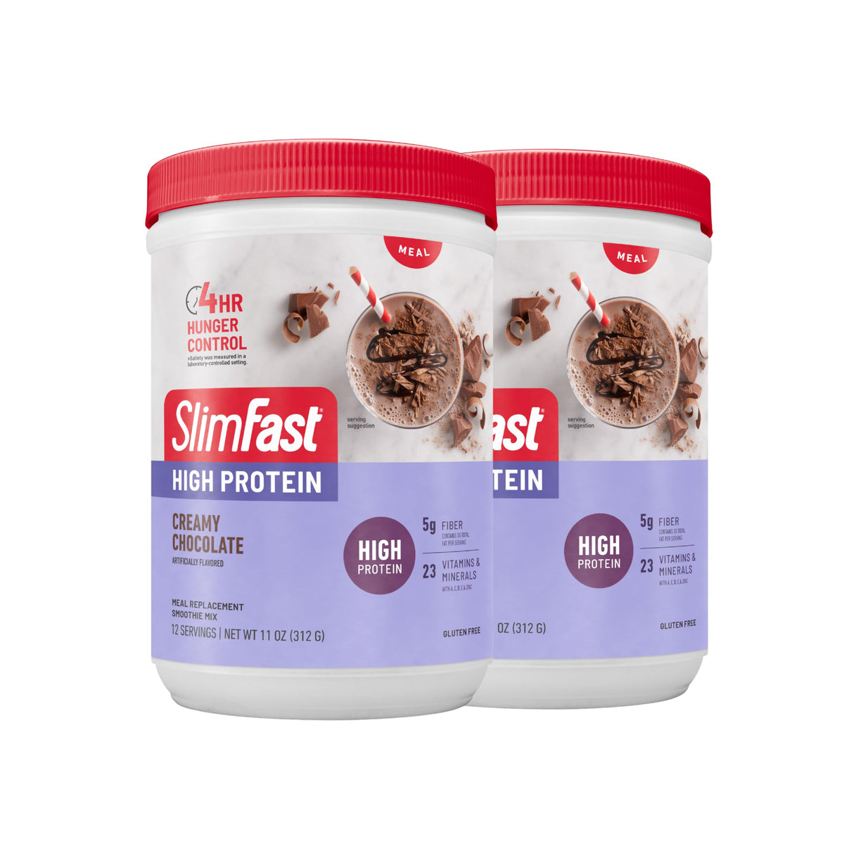 SlimFast high-protein meal replacement shake tub showing 20g protein and meal-replacement versatility