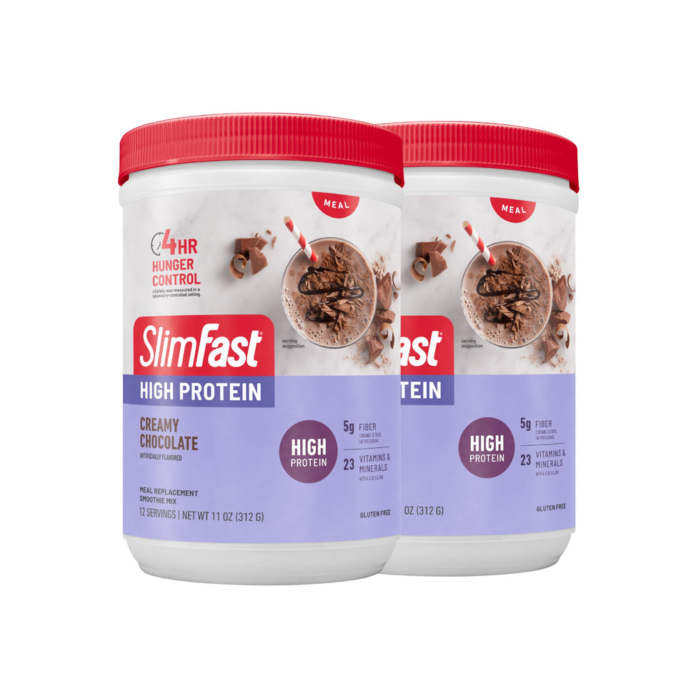 SlimFast high-protein meal replacement shake tub showing 20g protein and meal-replacement versatility