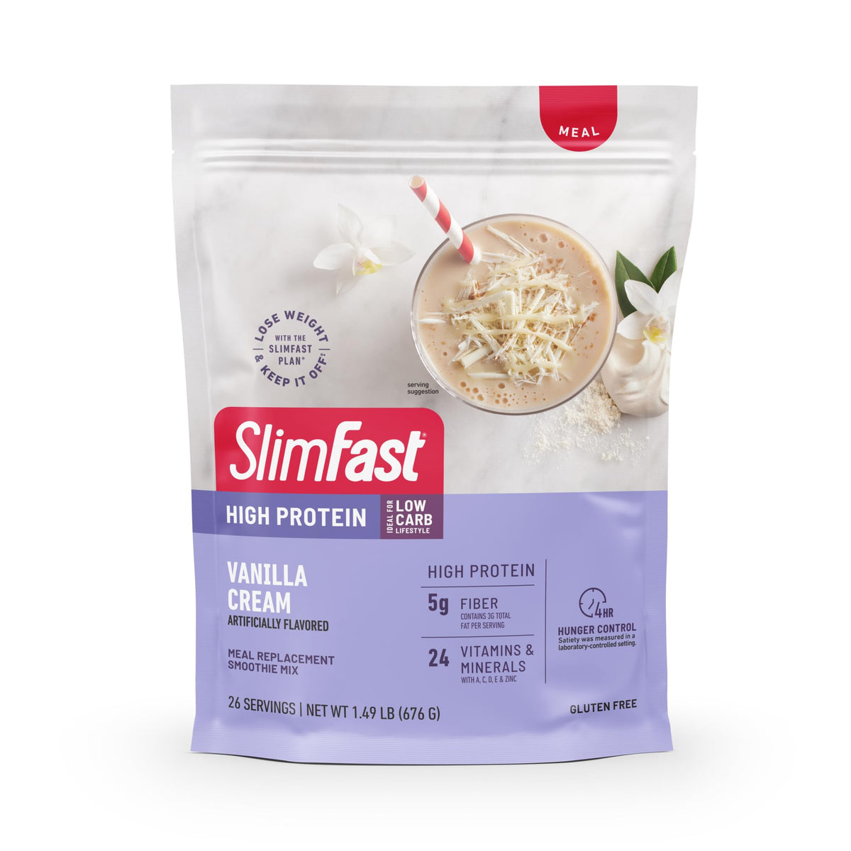 SlimFast high protein powder in vanilla cream tub for convenient meal replacement.