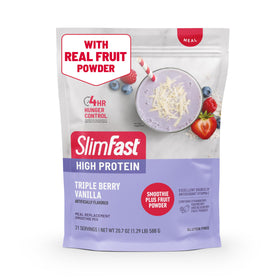 SlimFast high-protein smoothie mix tub, convenient powder for quick meals and balanced nutrition.