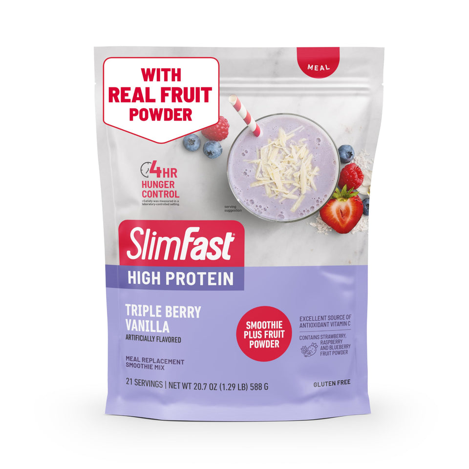 SlimFast high-protein smoothie mix tub, convenient powder for quick meals and balanced nutrition.