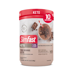 SlimFast Keto Shake fudge brownie batter canister showing a keto-friendly meal option