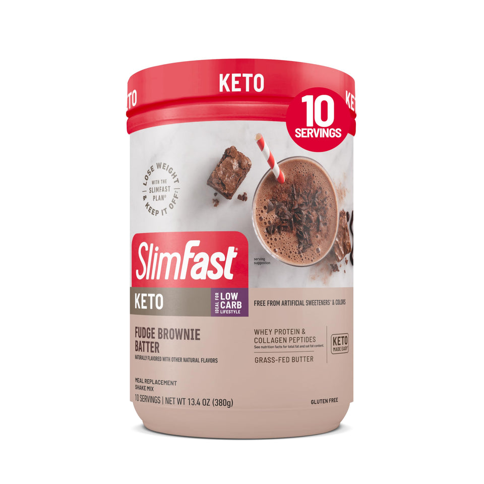 SlimFast Keto Shake fudge brownie batter canister showing a keto-friendly meal option