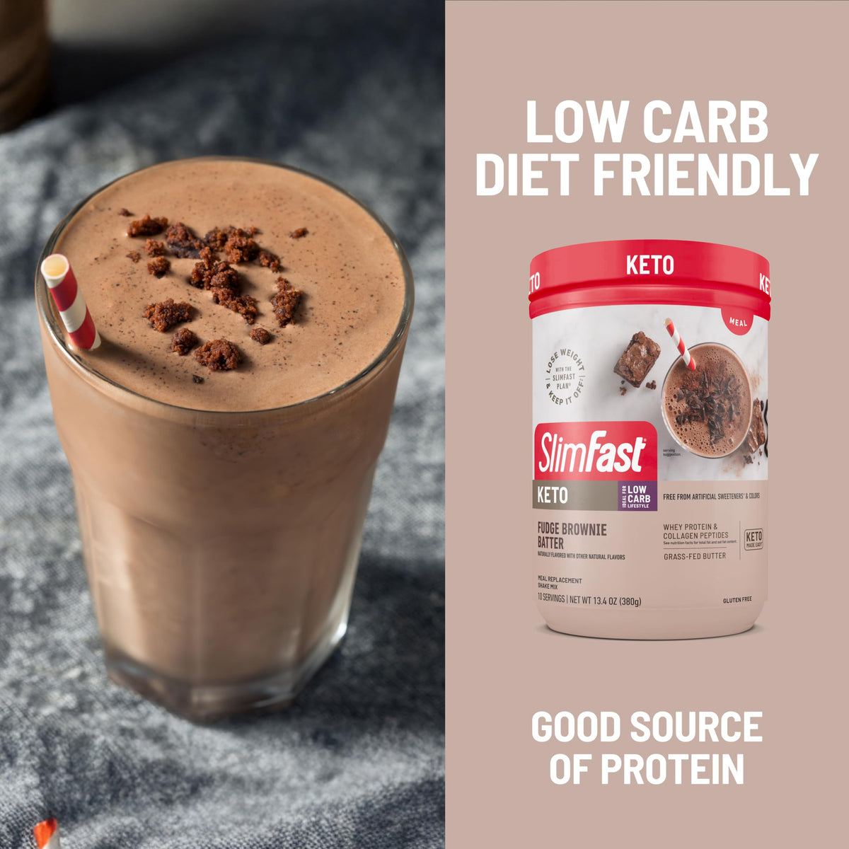 SlimFast Keto Shake on-the-go tub emphasizing portability for busy days