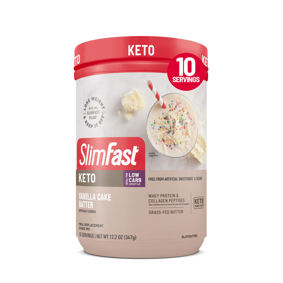SlimFast Keto Vanilla Cake Batter powder tub showcases low-carb nutrition