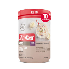 SlimFast Keto Vanilla Cake Batter powder tub showcases low-carb nutrition