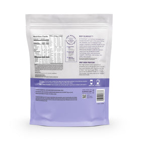 Measuring spoon beside SlimFast powder, ready for protein-packed preparation.