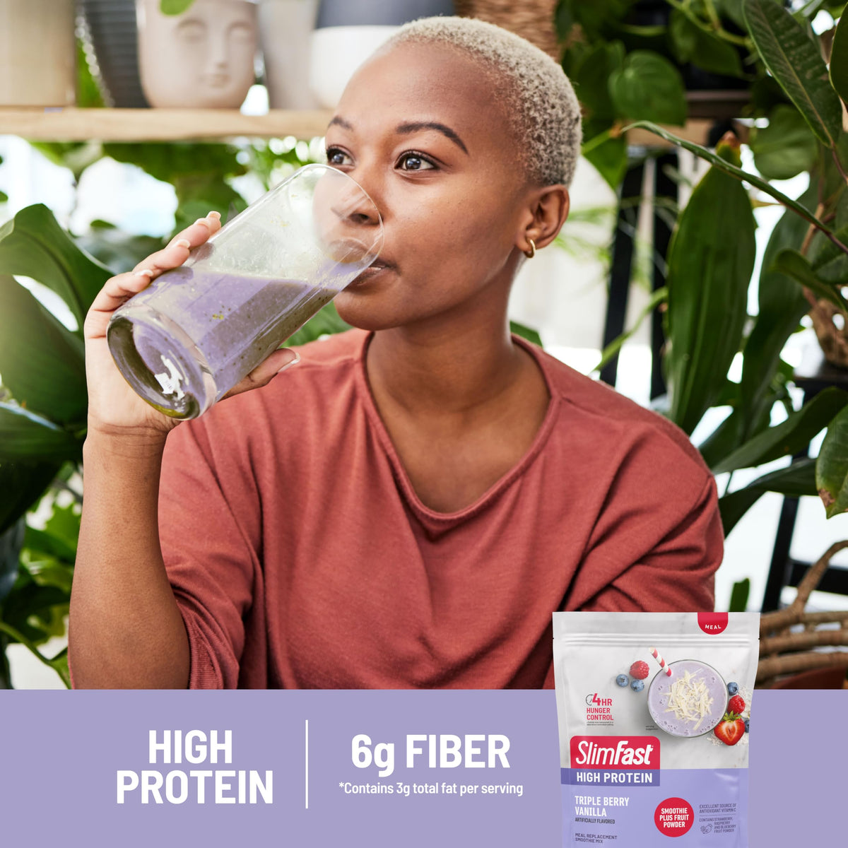 SlimFast nutrition facts label emphasizes protein, fiber, and vitamin C content.