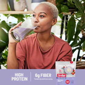 SlimFast nutrition facts label emphasizes protein, fiber, and vitamin C content.
