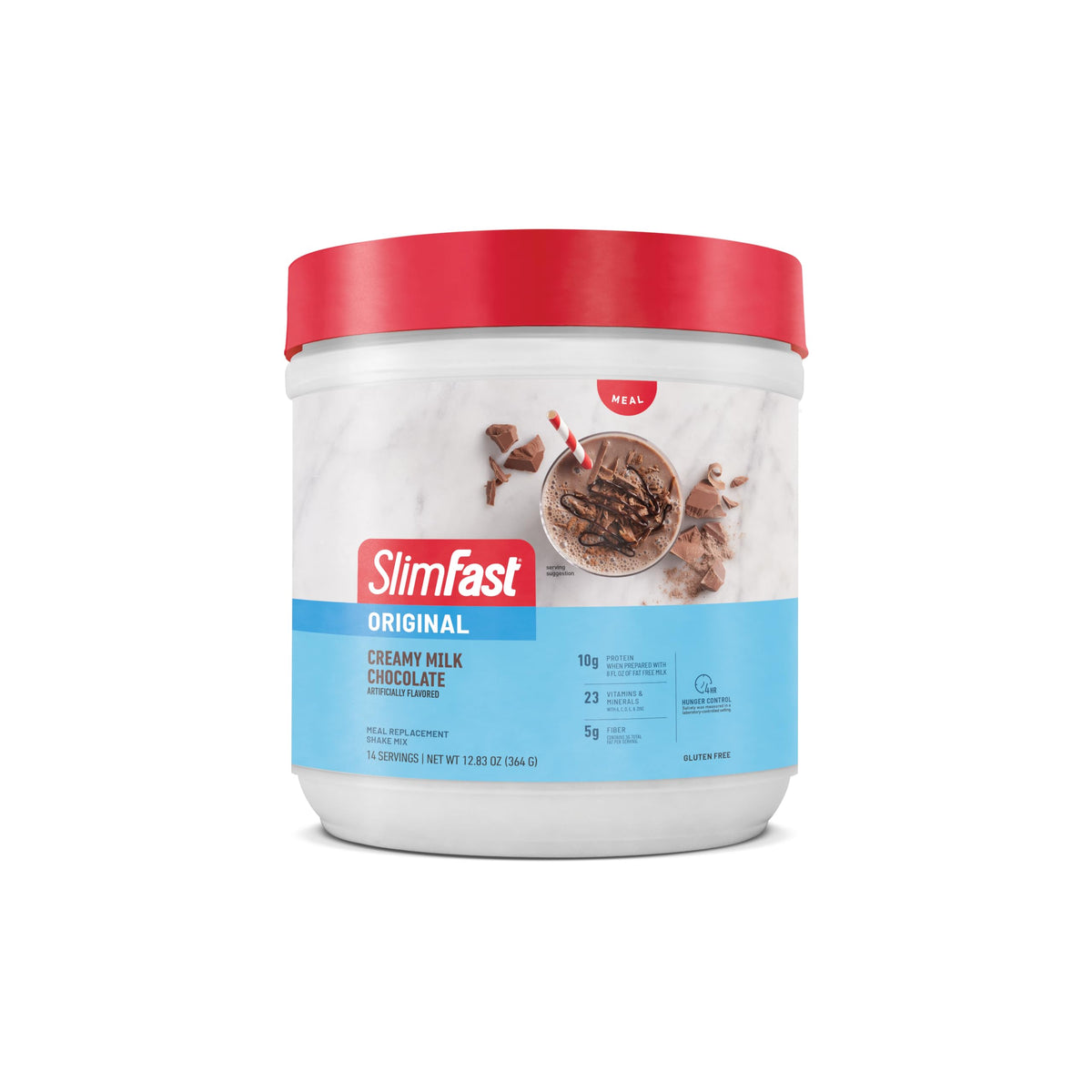 SlimFast Original creamy milk chocolate shake close-up emphasizes indulgent flavor.
