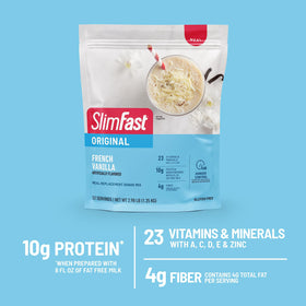 SlimFast nutrition panel highlights protein and vitamins at a glance.