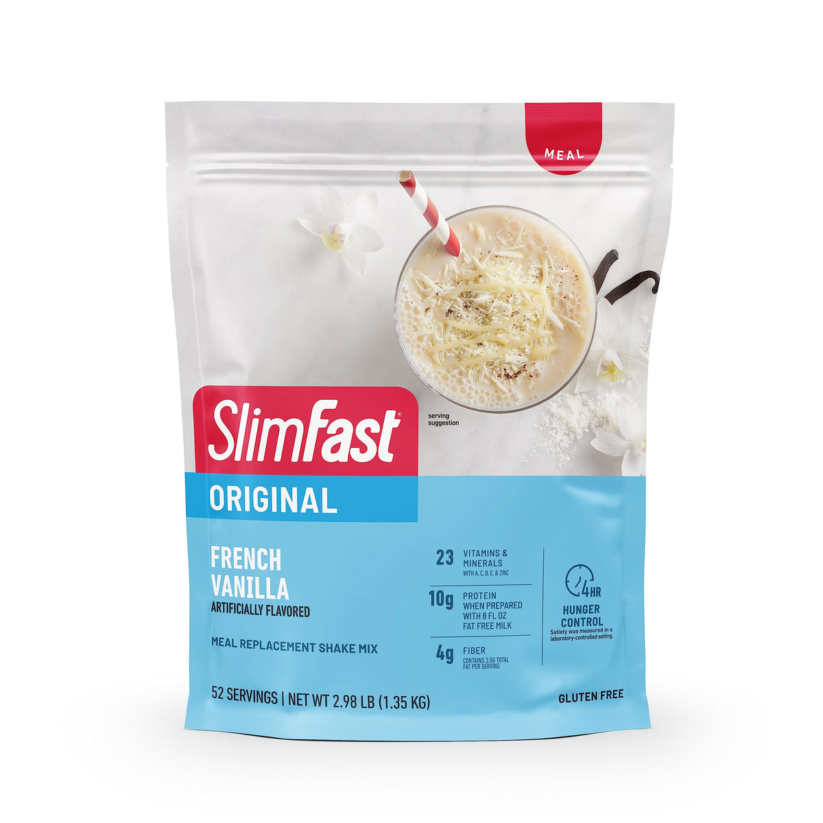 SlimFast Original French Vanilla packaging shows the new look for quick meal replacement.
