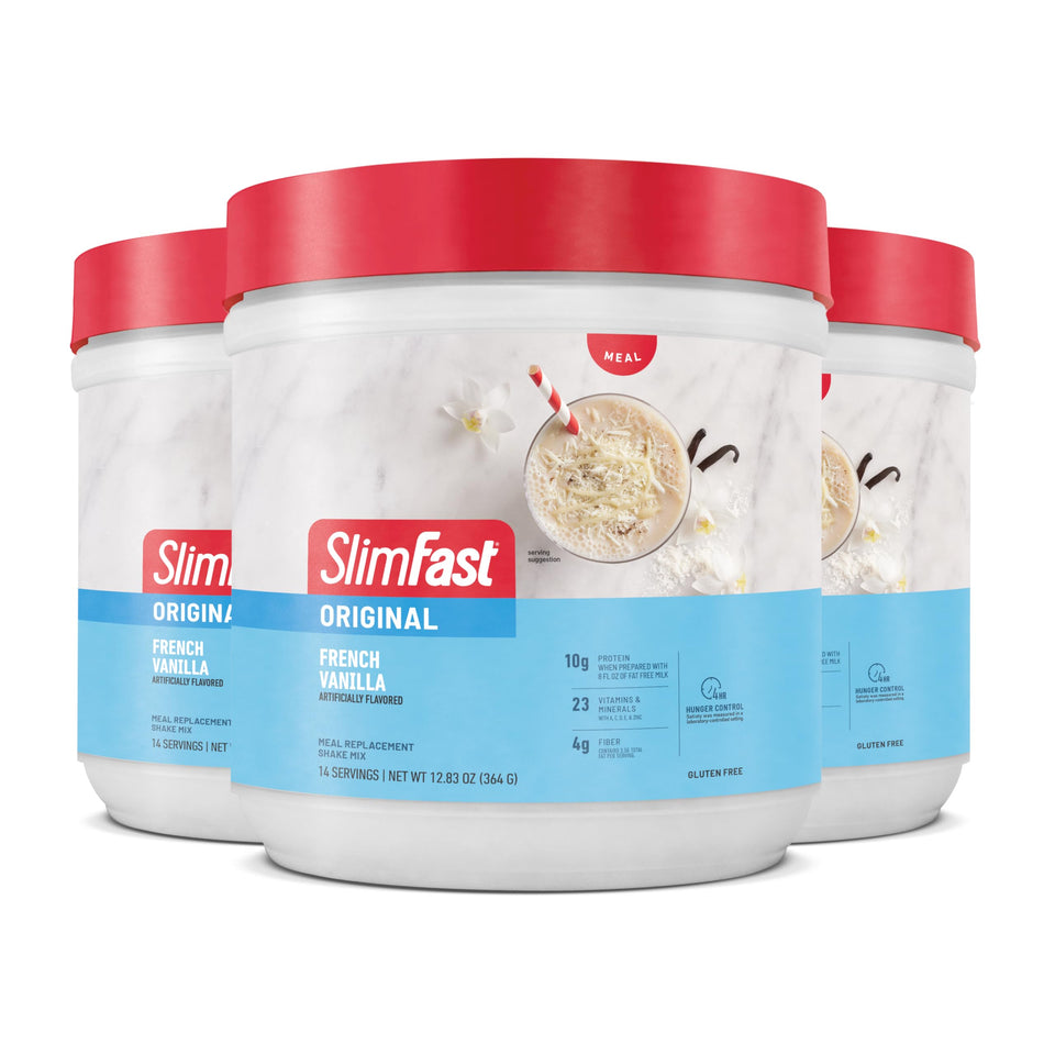 SlimFast Original French Vanilla powder packaging ready to blend a satisfying shake