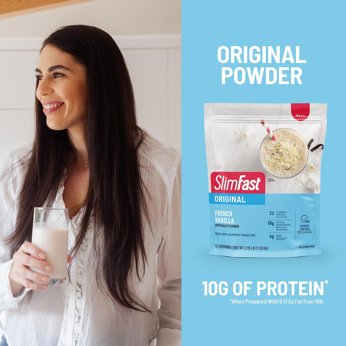 Shake blended with fat-free milk for a filling, convenient meal.