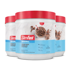 SlimFast Original Milk Chocolate powder tub shown, a satisfying on-the-go meal replacement.