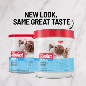 SlimFast Original protein and fiber focus image communicates 10g protein and 4g fiber.