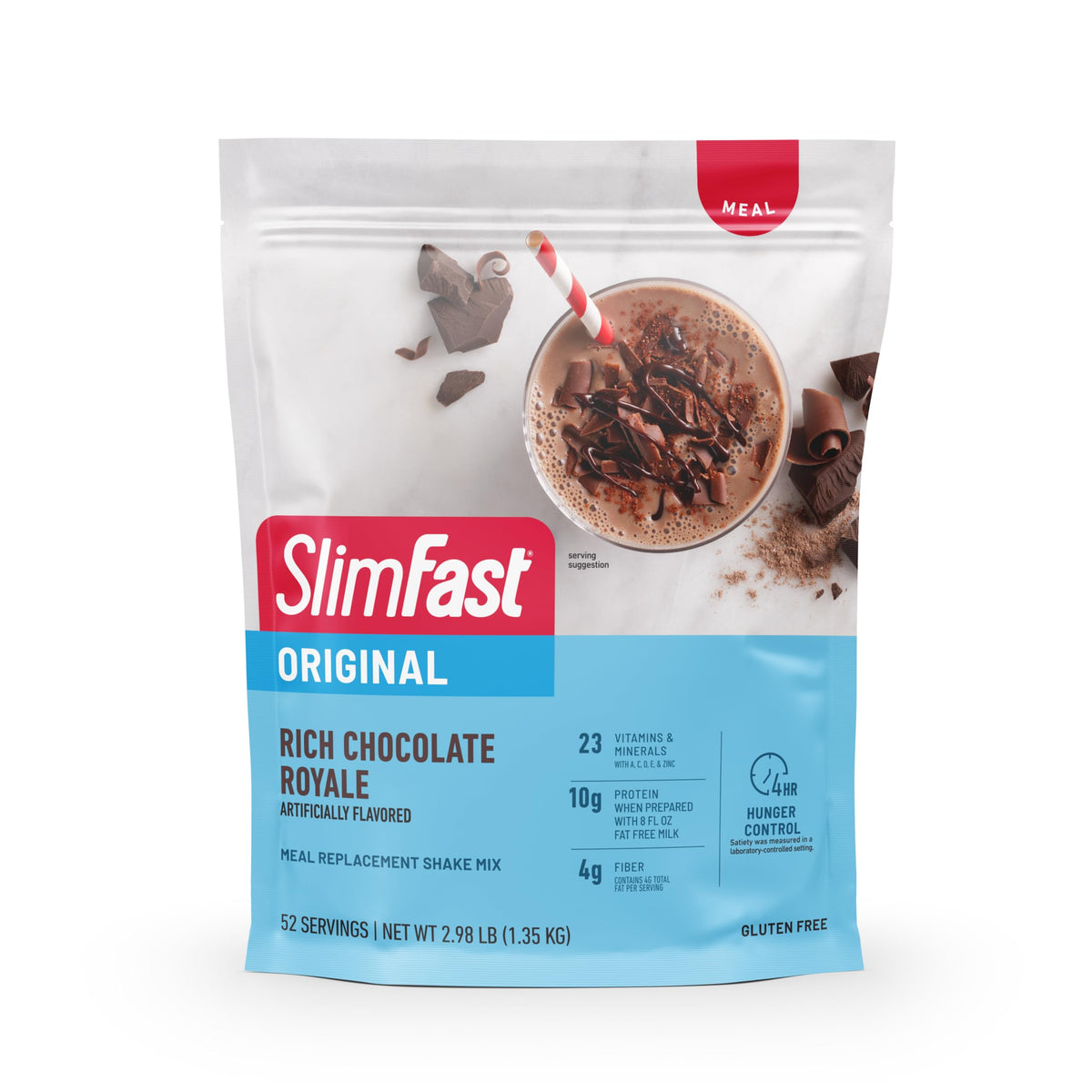 SlimFast Original Chocolate Royale bottle pour shows creamy shake ready to curb afternoon hunger.