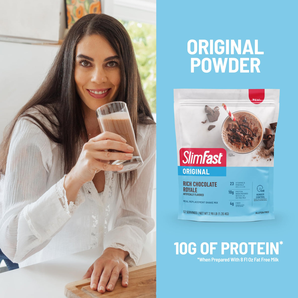 SlimFast nutrition panel highlights 10g protein and essential vitamins.
