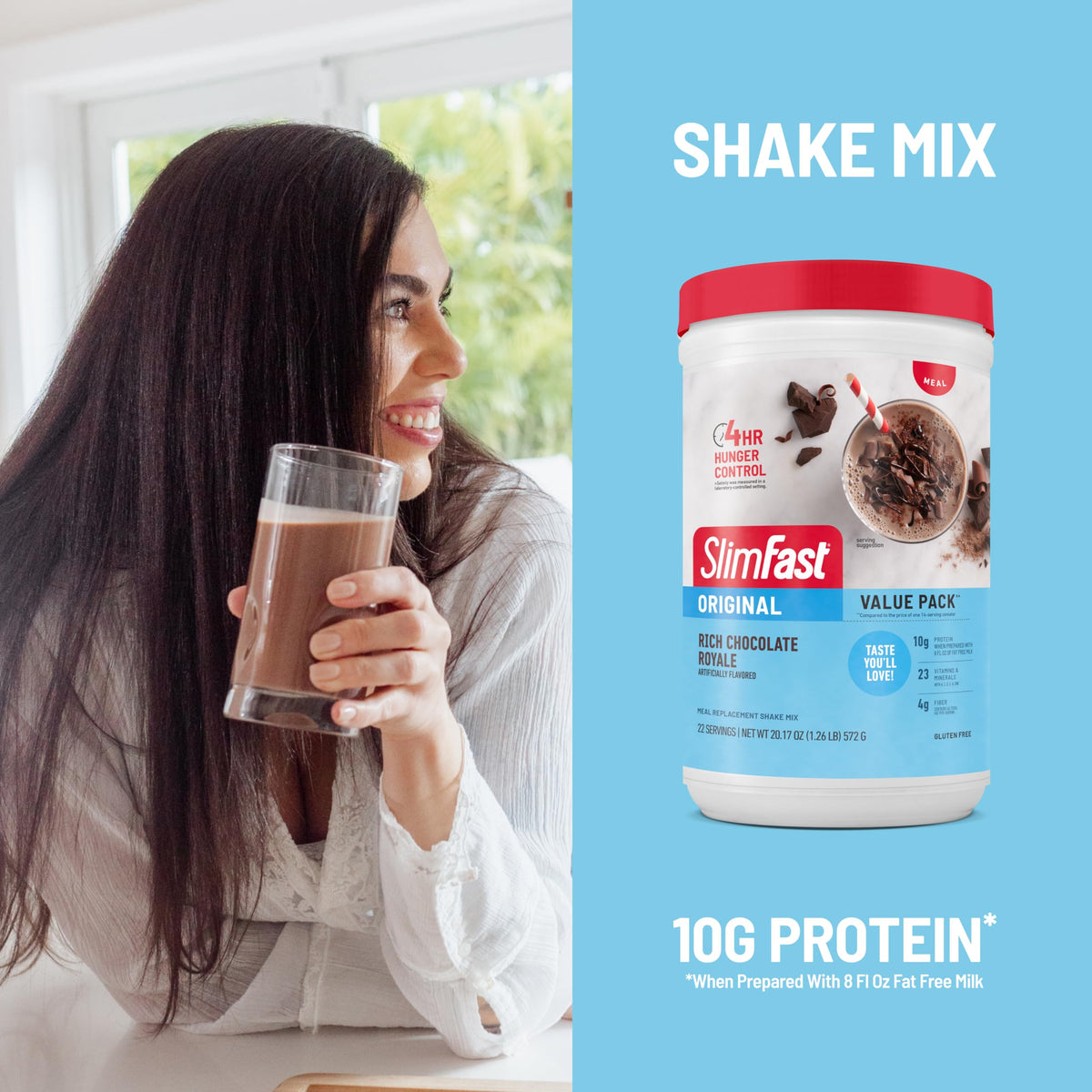 Nutrition panel on SlimFast Original Rich Chocolate Royale highlights 10g protein and 24 vitamins