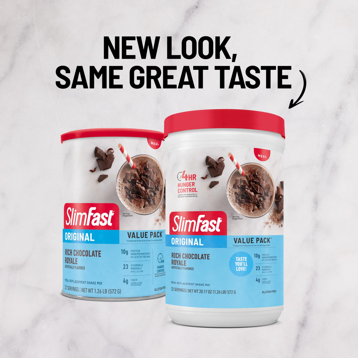 Packaging of SlimFast Original Rich Chocolate Royale shows serving size and 22 servings