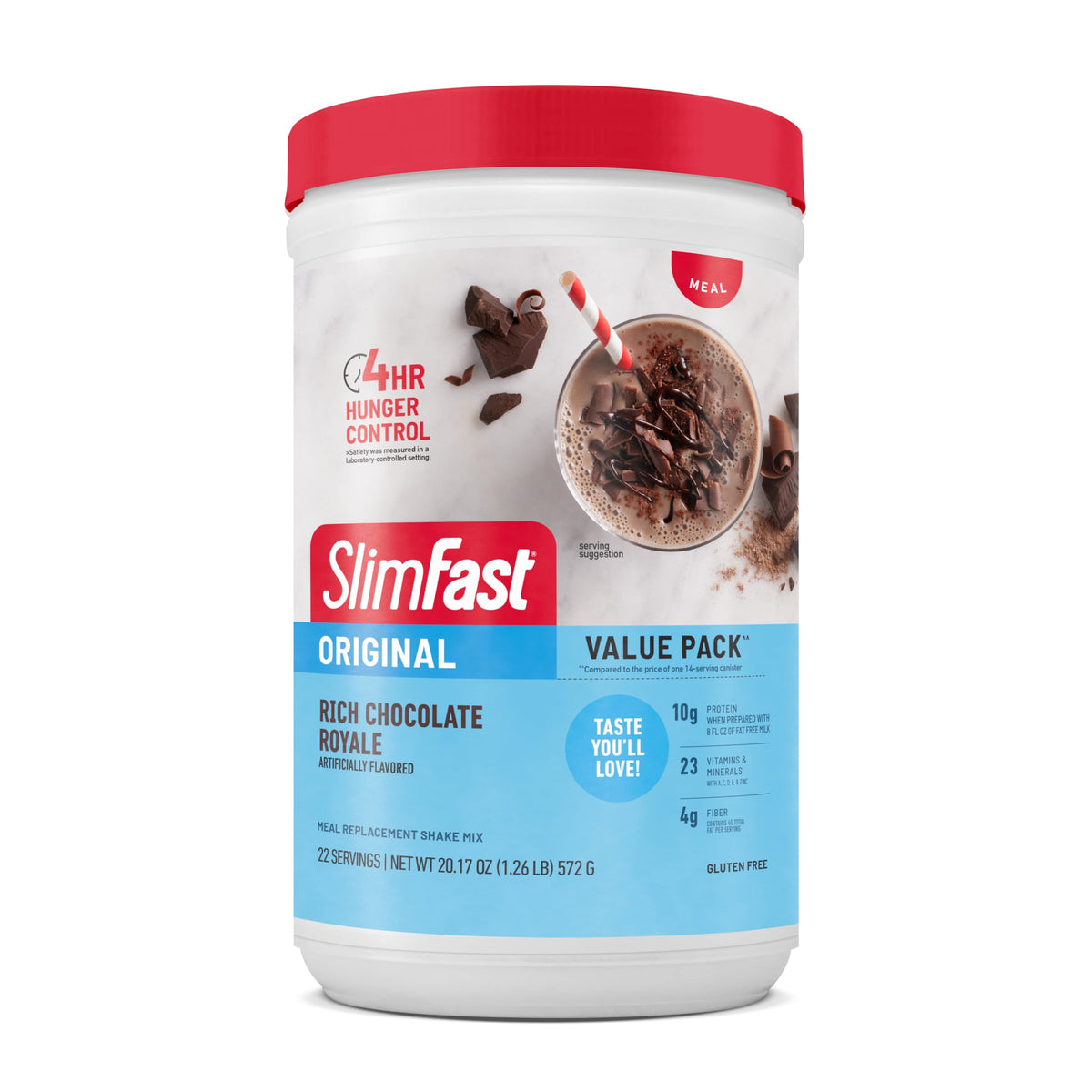 SlimFast Original Rich Chocolate Royale powder tub displaying protein and minerals for nutrition