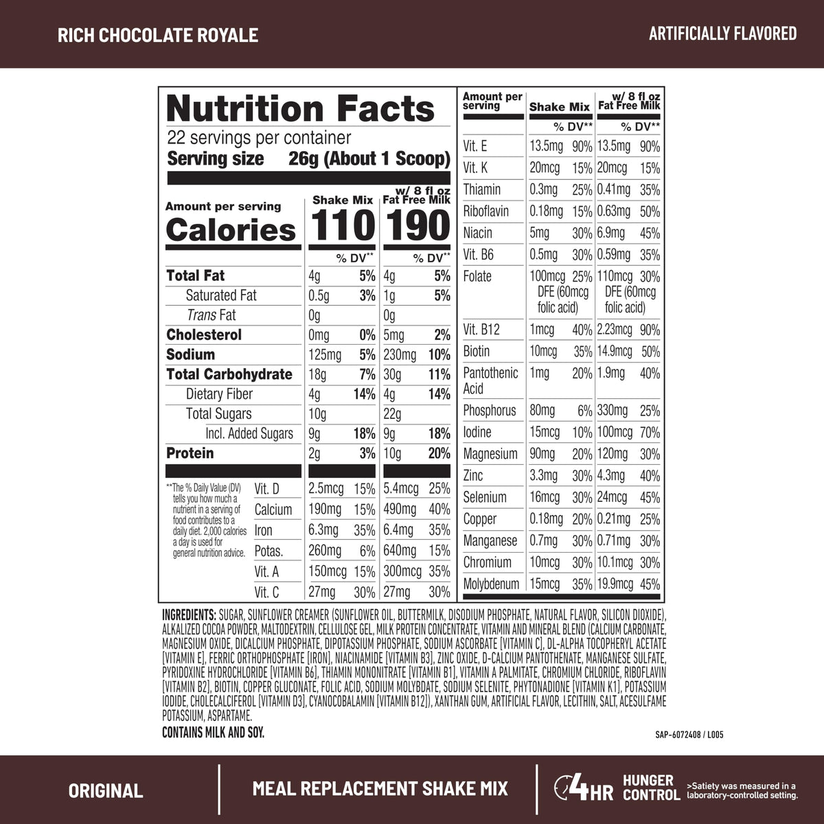 Scoop of SlimFast Original Rich Chocolate Royale powder showing easy measurement for shakes