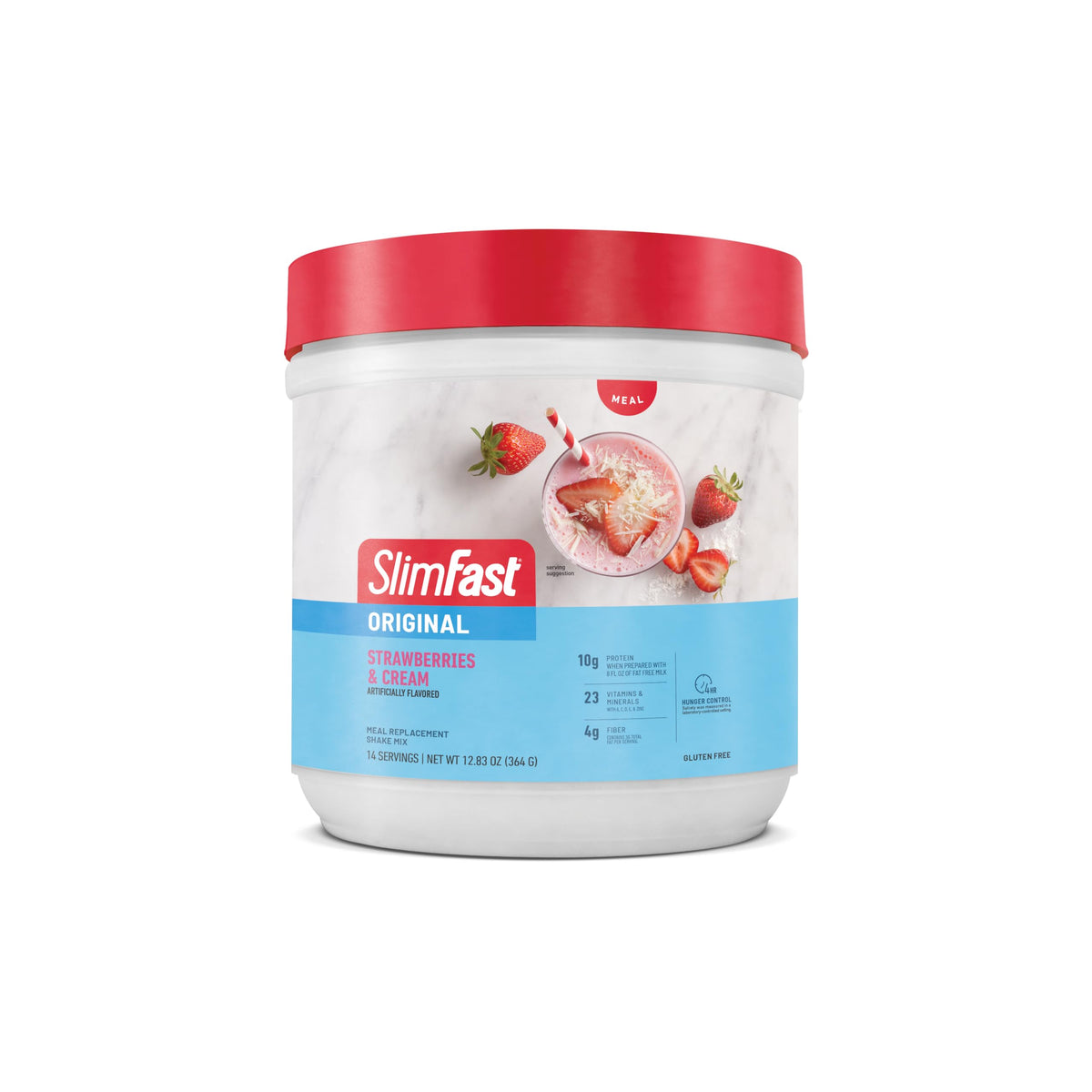 SlimFast Original Strawberries & Cream ingredient blend close-up emphasizing protein and vitamins