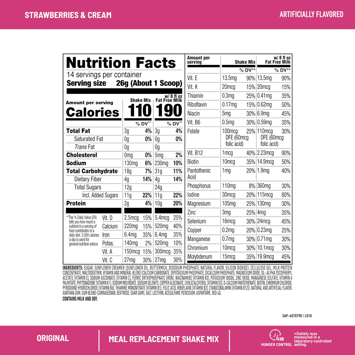 Close-up of SlimFast Original Strawberries & Cream tub showing nutrition panel