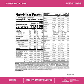 Close-up of SlimFast Original Strawberries & Cream tub showing nutrition panel