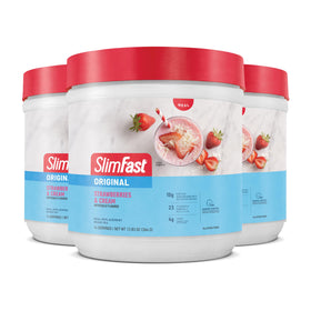 SlimFast Original Strawberries & Cream powder pack ready for quick meal replacement
