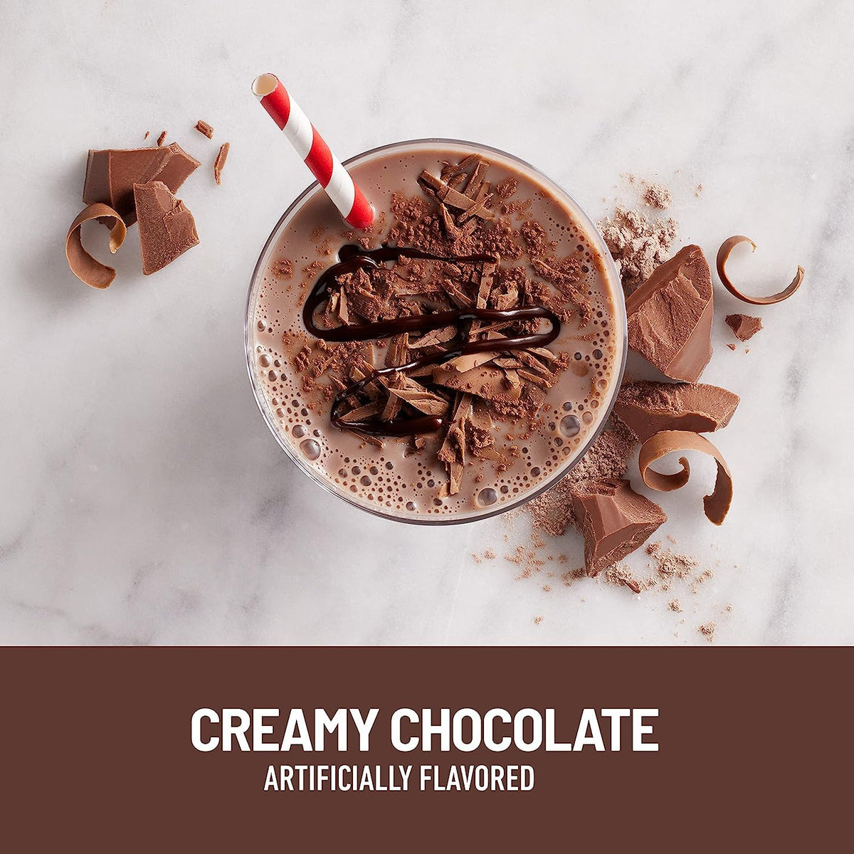 SlimFast shake being poured into a glass with chocolate smoothie