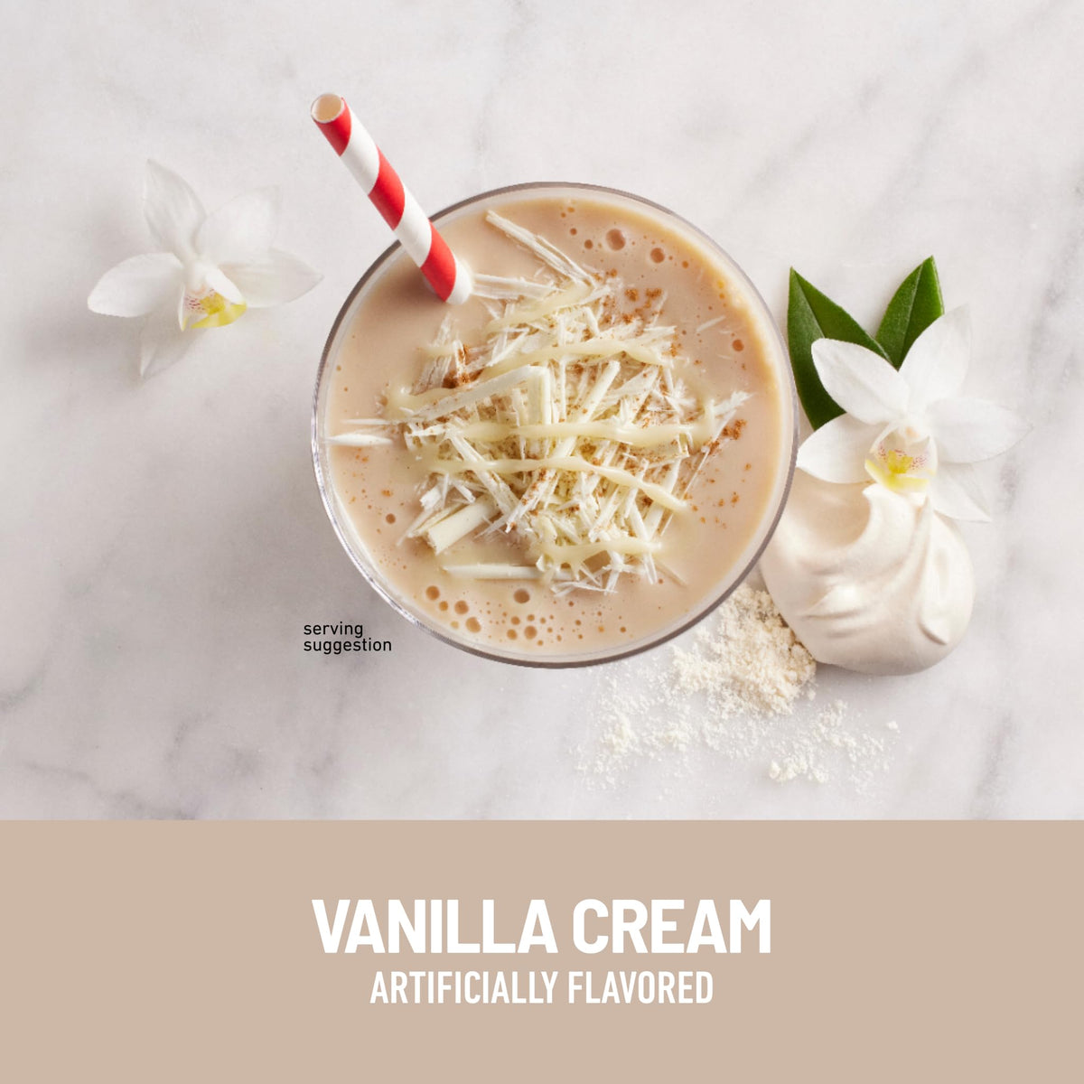 SlimFast vanilla cream powder shaken in a glass to show creamy texture.