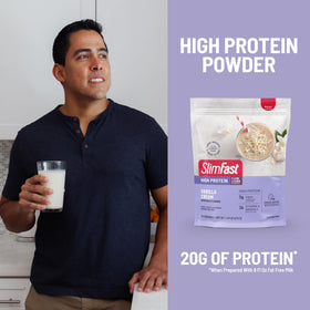 Prepared SlimFast vanilla cream smoothie with ice, showcasing rich, indulgent flavor.