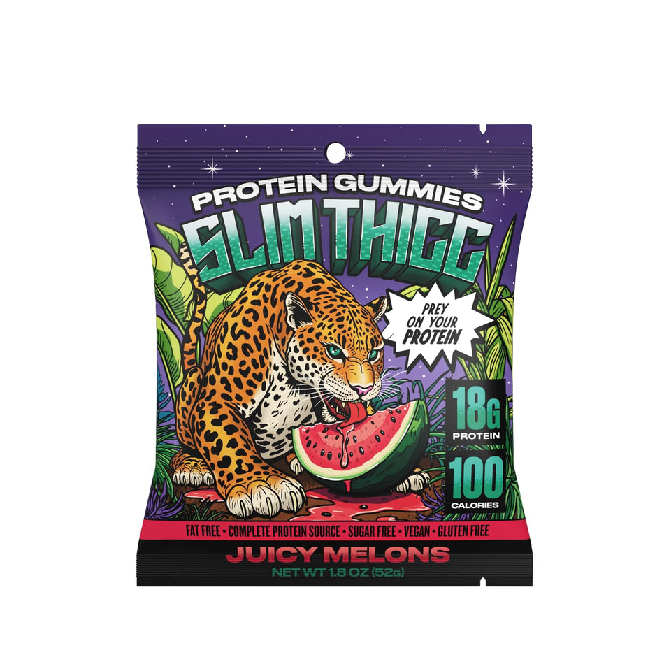 SlimThicc Rabid Razz gummies in bottle offer convenient protein snacking.