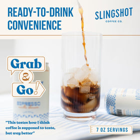 SLINGSHOT COFFEE espresso pour in glass showing triple-shot boost.