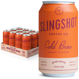 SLINGSHOT COFFEE Ethiopian organic cold brew 12-pack front view highlighting portability