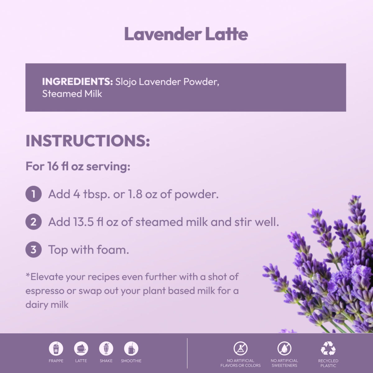 Cold frappe preparation using SLO-JO lavender chocolate powder