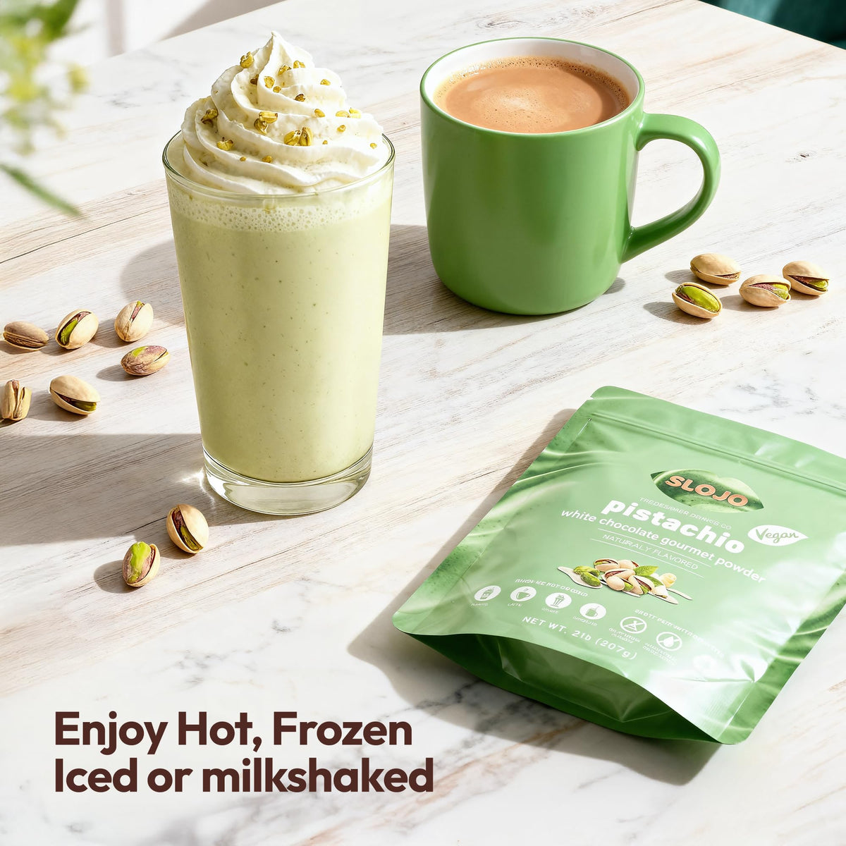 SLO-JO Pistachio White Chocolate powder vegan-friendly mix for recipes