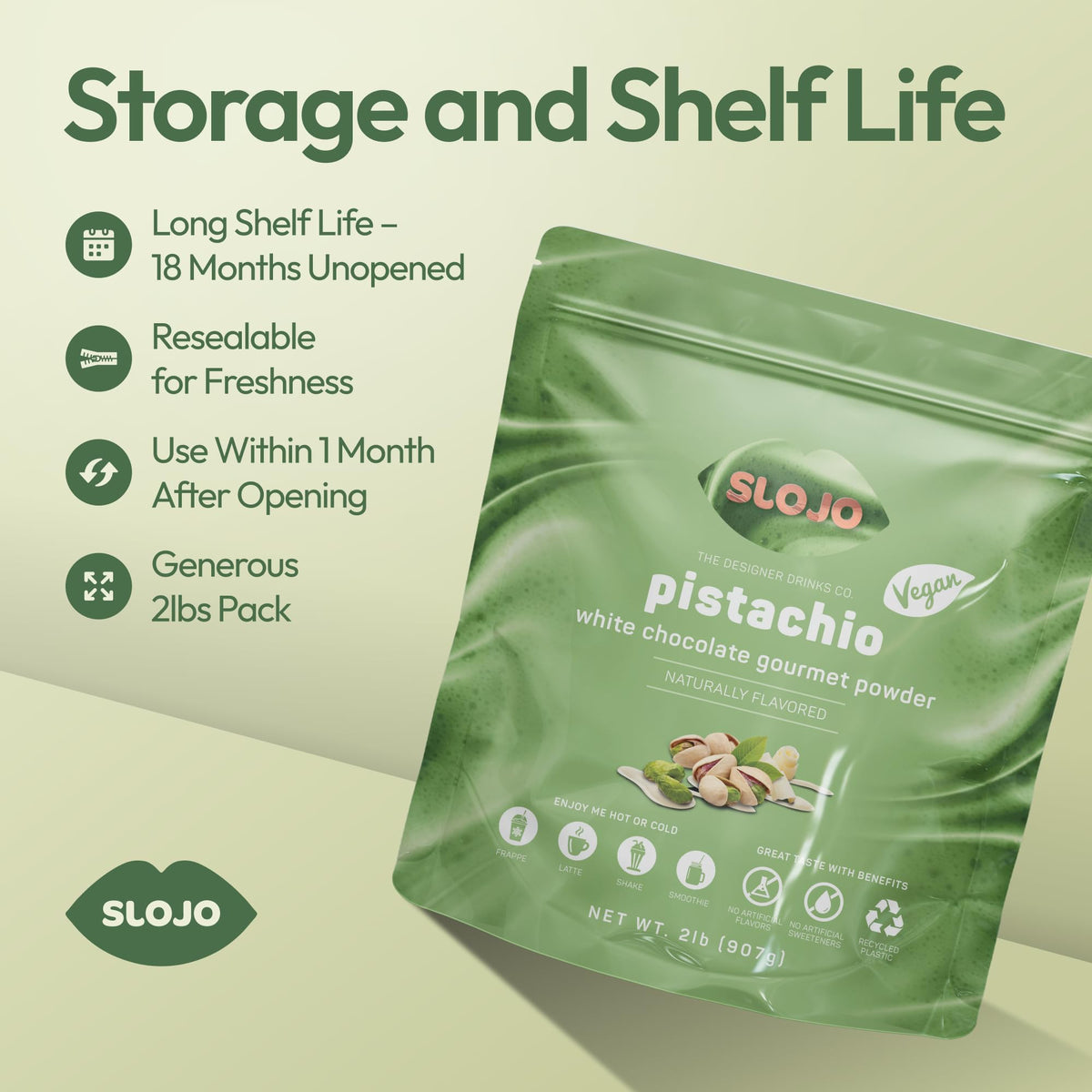 SLO-JO Pistachio White Chocolate powder kitchen staple for easy drinks