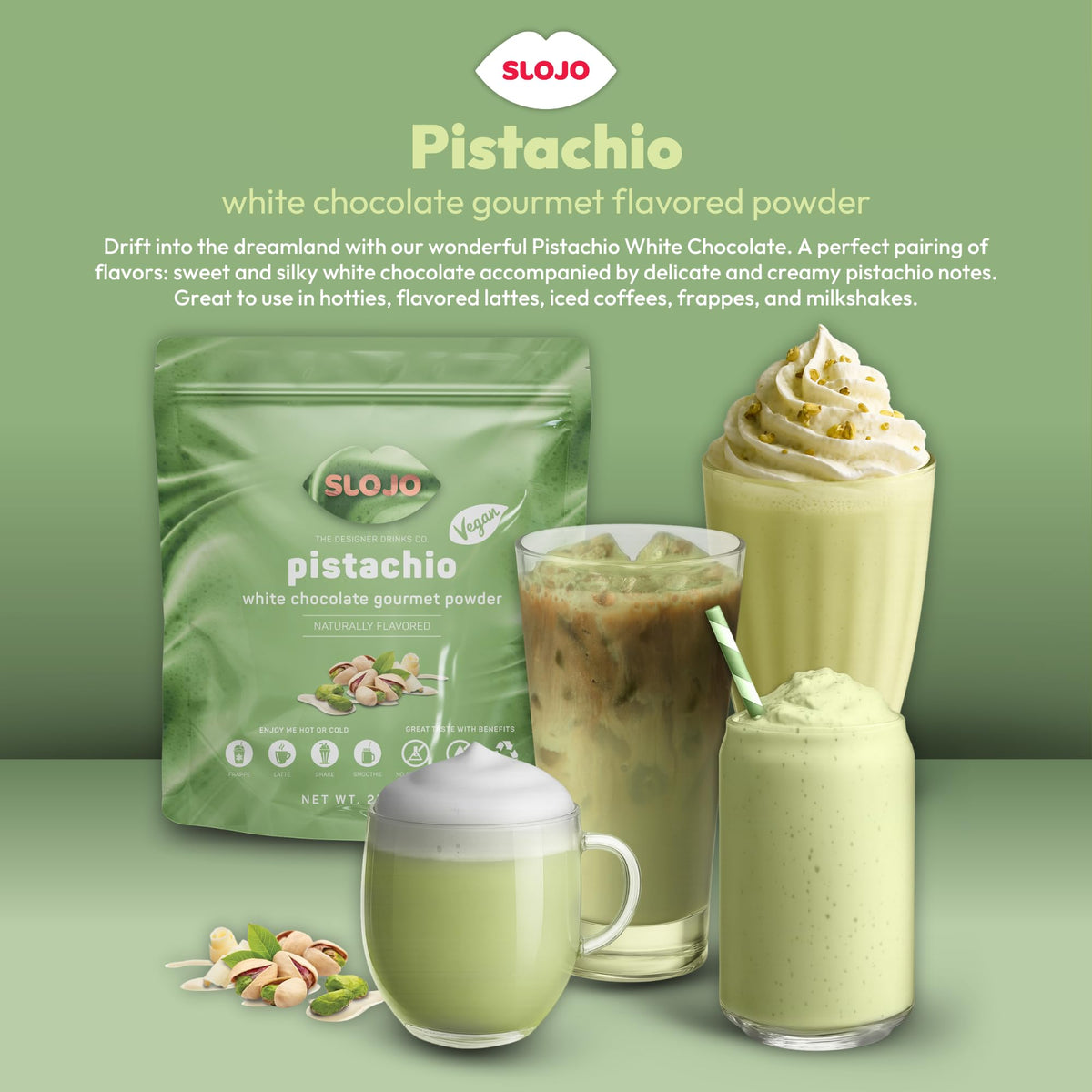 SLO-JO Pistachio White Chocolate powder latte in a mug for cafe-style drinks